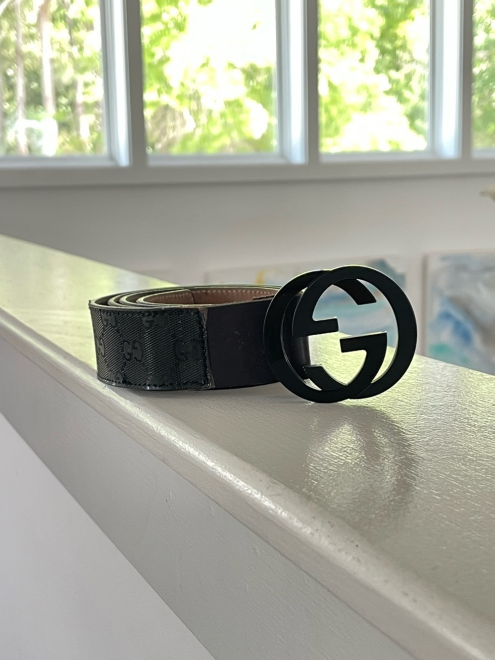 Gucci Black GG Canvas Leather Belt with Black Double G Buckle